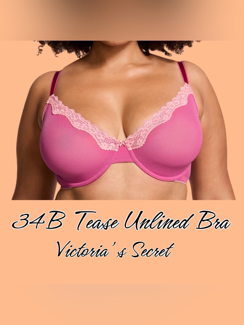 Victoria's Secret 34B Tease Unlined Mesh Lace-Trim Bra Pink and Orange